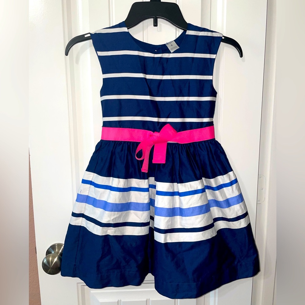CARTER'S Girls 6 Blue White Striped Pink Bow Cotton Dress